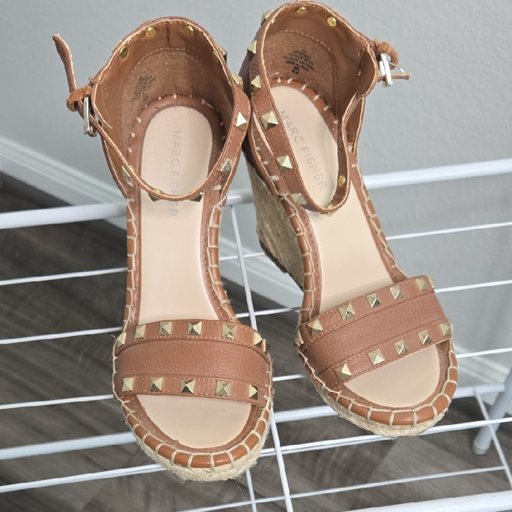 Marc Fisher Brown Espadrille Wedges with Gold Accents